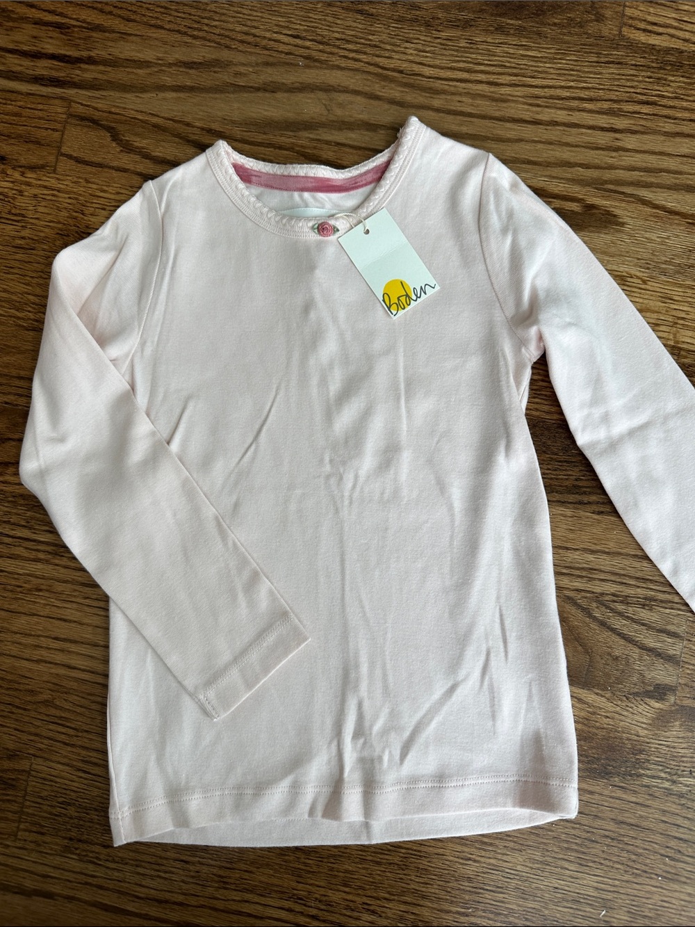 Mini Boden Light Pink Long Sleeve Tee with Button Detail